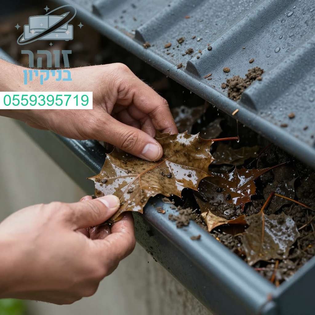 ניקוי מרזבים מקצועי להסרת ערימת עלים ולכלוך למניעת סתימות והגנה על הבית
