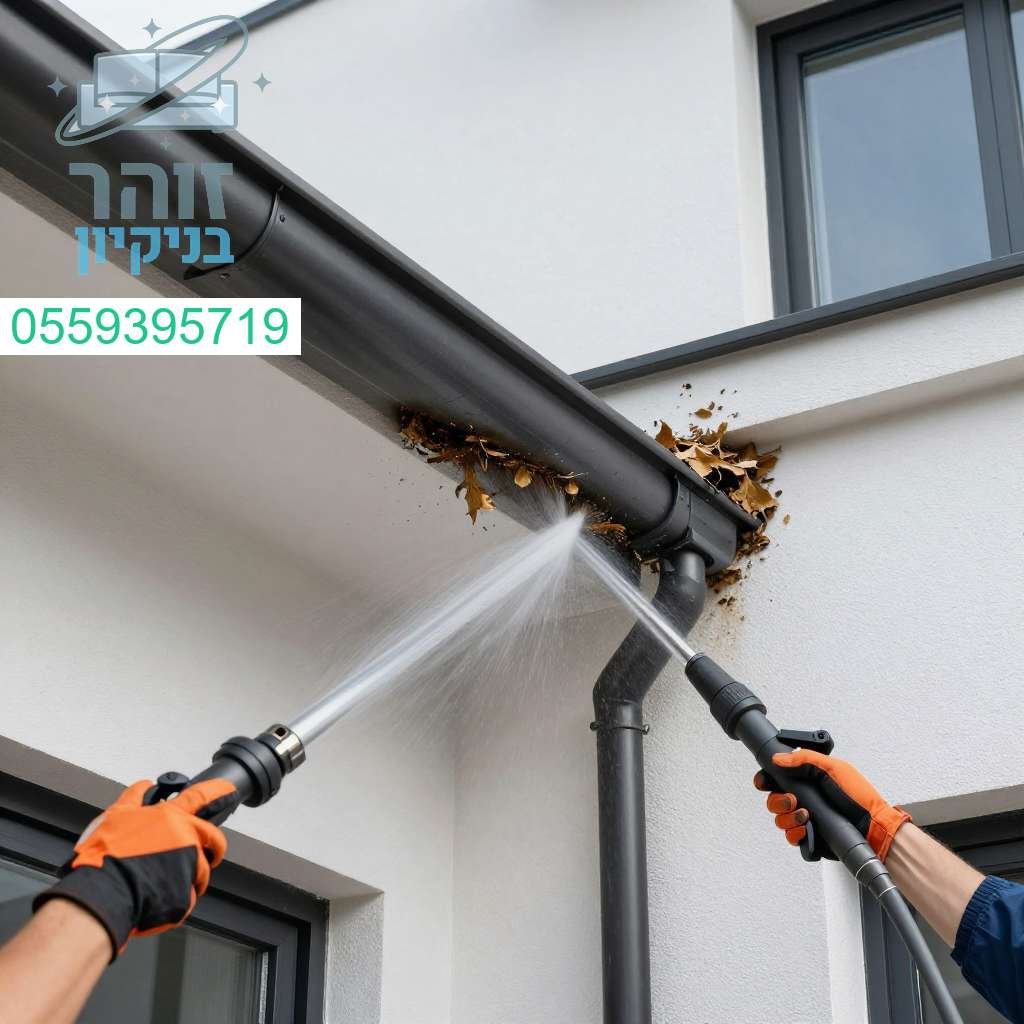 ניקוי מרזבים עוצמתי בלחץ מים להסרת עלים ולכלוך למניעת סתימות ושמירה על הבית