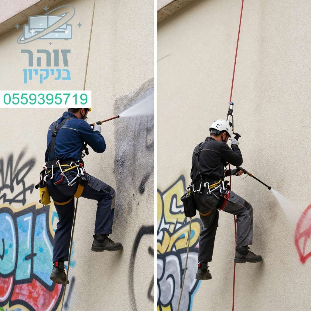 ניקיון גרפיטי ולכלוך בקירות חיצוניים גבוהים בשיטת הסנפלינג המקצועית ובלחץ מים עוצמתי ומרהיב